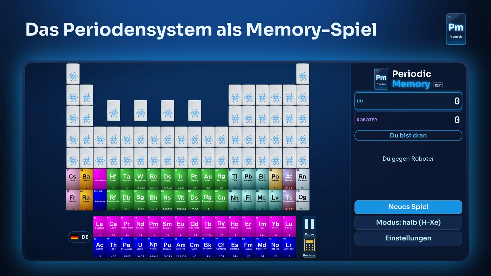 Der Starttisch: alle Karten liegen verdeckt auf dem Periodensystem