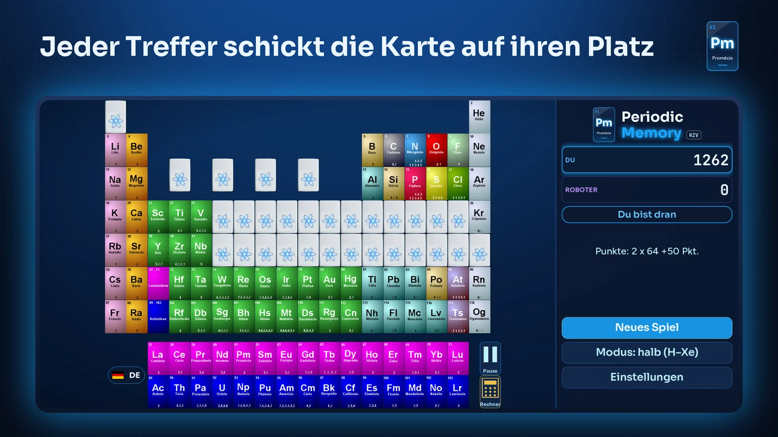 Eine laufende Partie: Jeder Treffer schickt die Karte auf ihren Platz