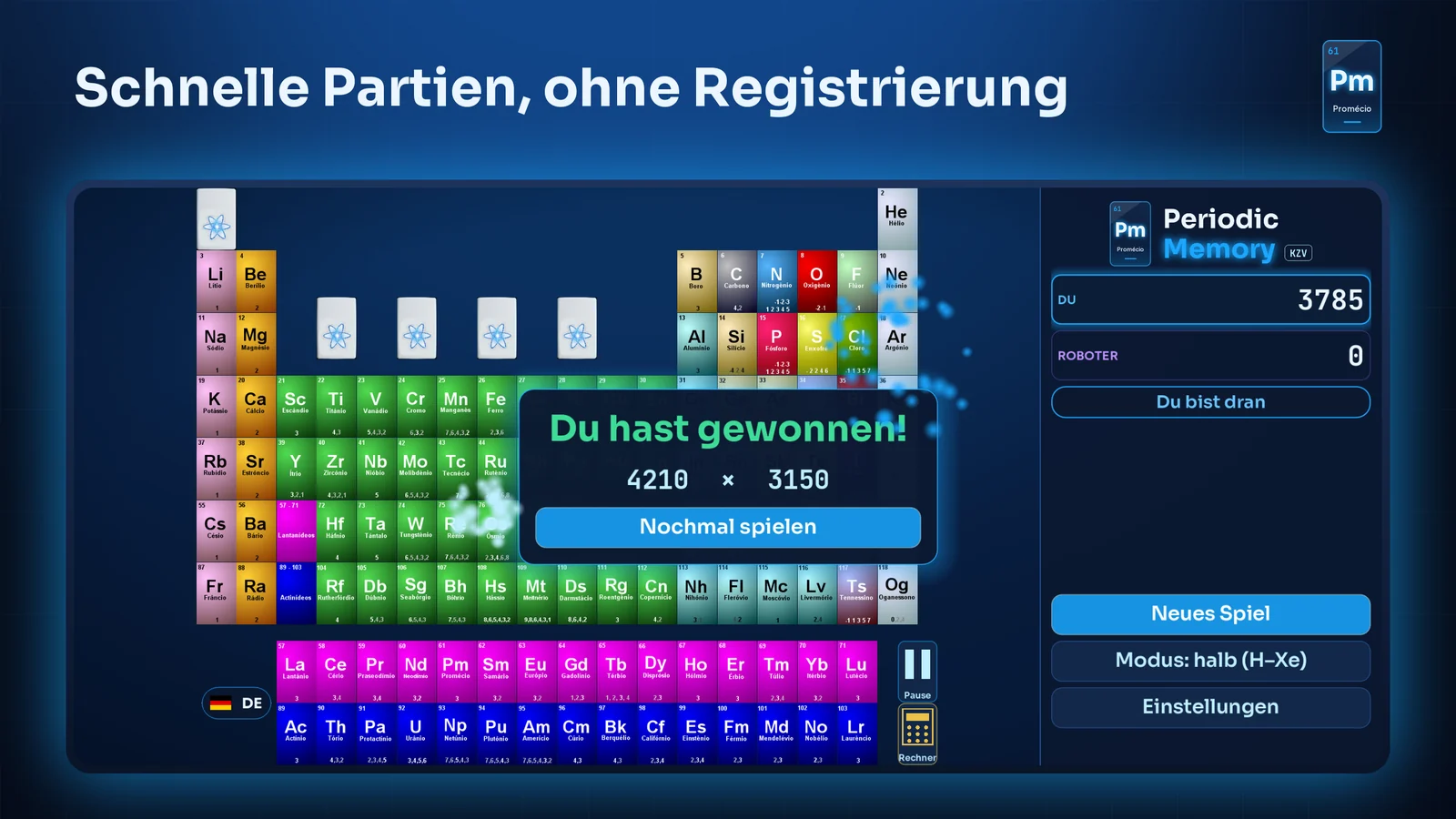 Spielende: Endstand und eine Schaltfläche zum erneuten Spielen