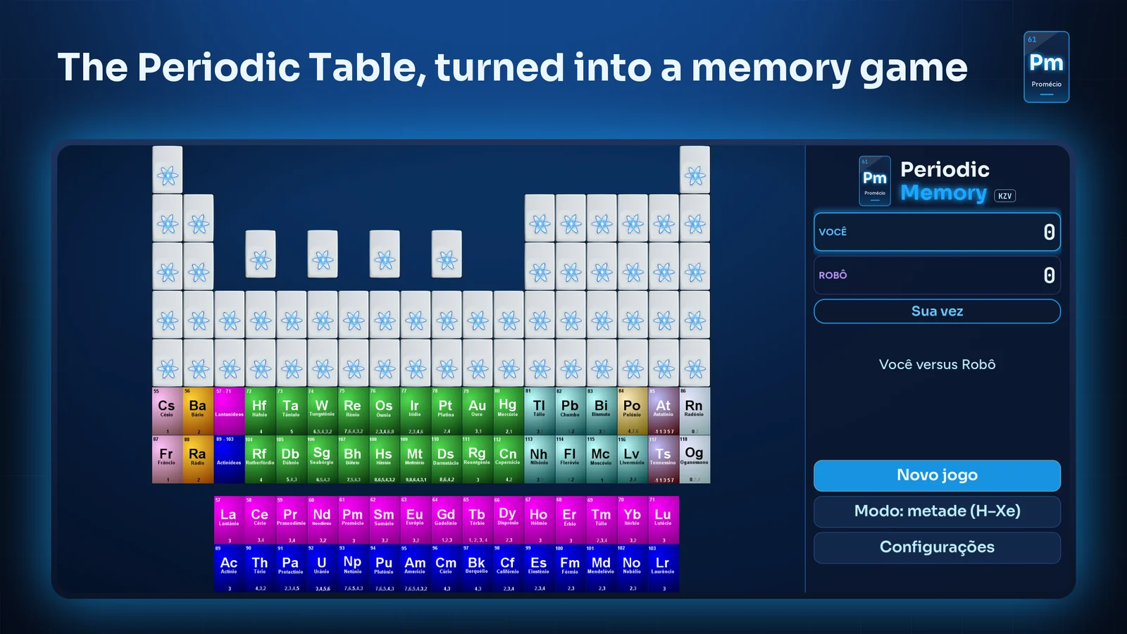 The starting table: all the cards face down on the Periodic Table