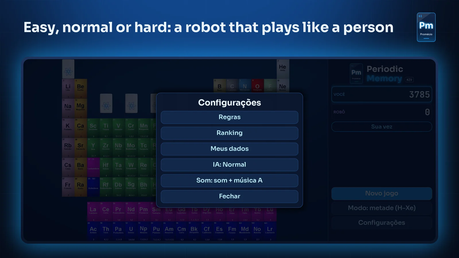 Settings: robot level, sound, rules, ranking and my data