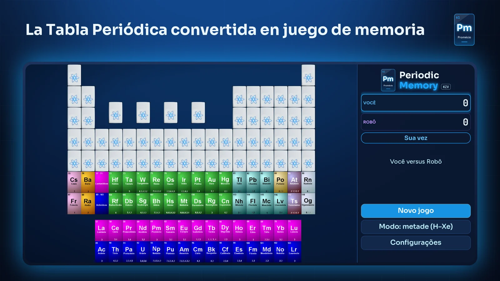 La mesa de inicio: todas las cartas boca abajo sobre la Tabla Periódica