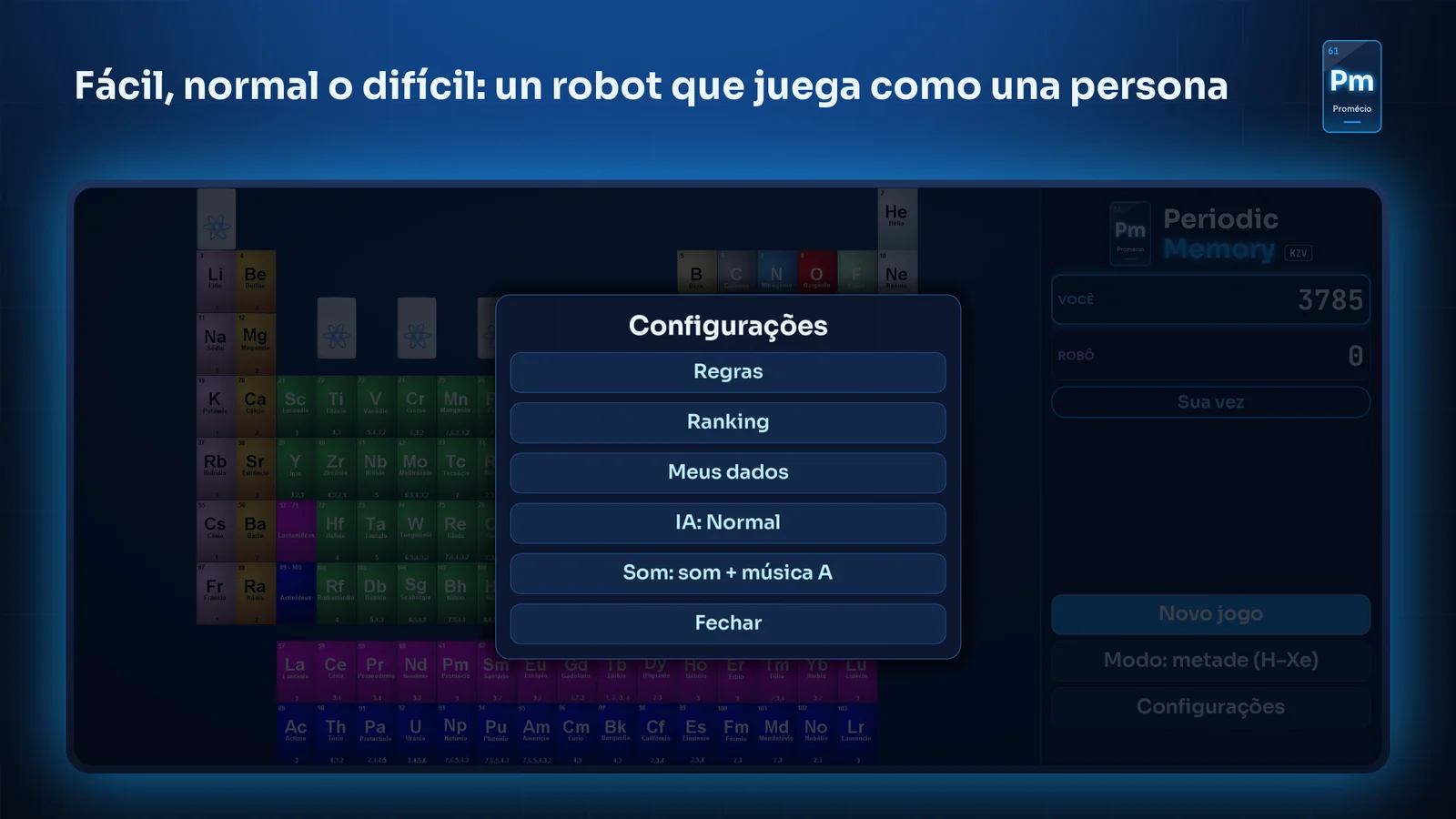 Configuración: nivel del robot, sonido, reglas, ranking y mis datos