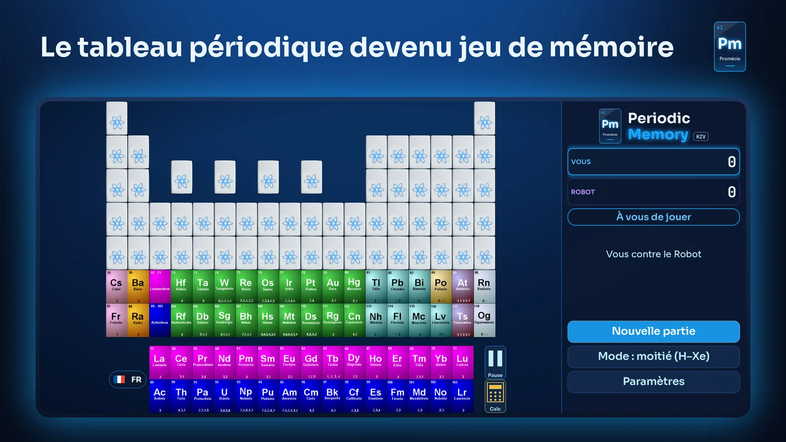 La table de départ : toutes les cartes face cachée sur le tableau périodique