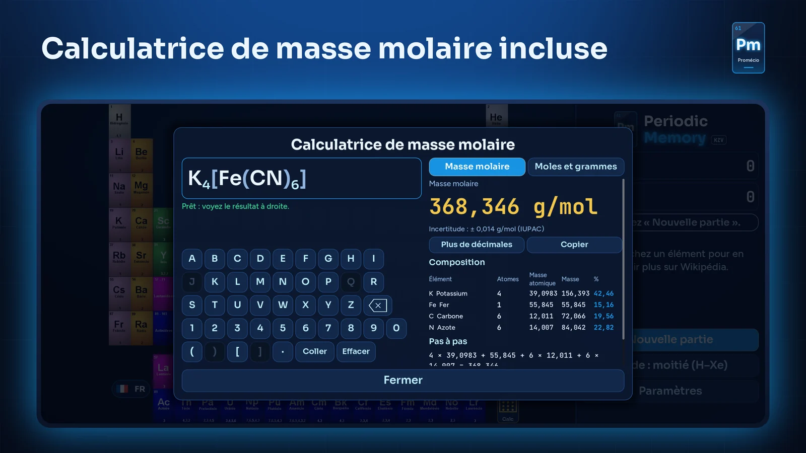 Calculatrice de masse molaire incluse : formule, masse, composition et pas à pas