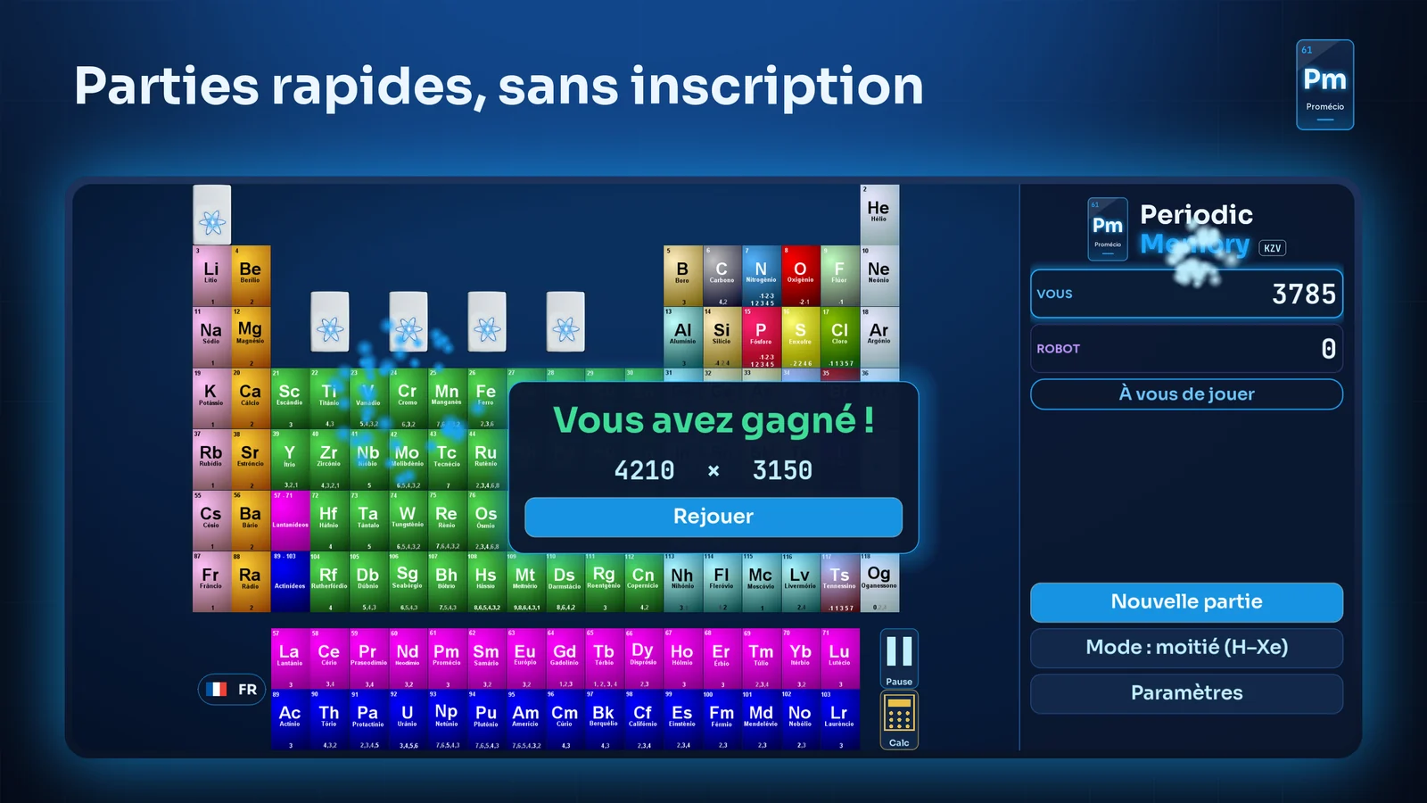 Fin de partie : score final et bouton pour rejouer
