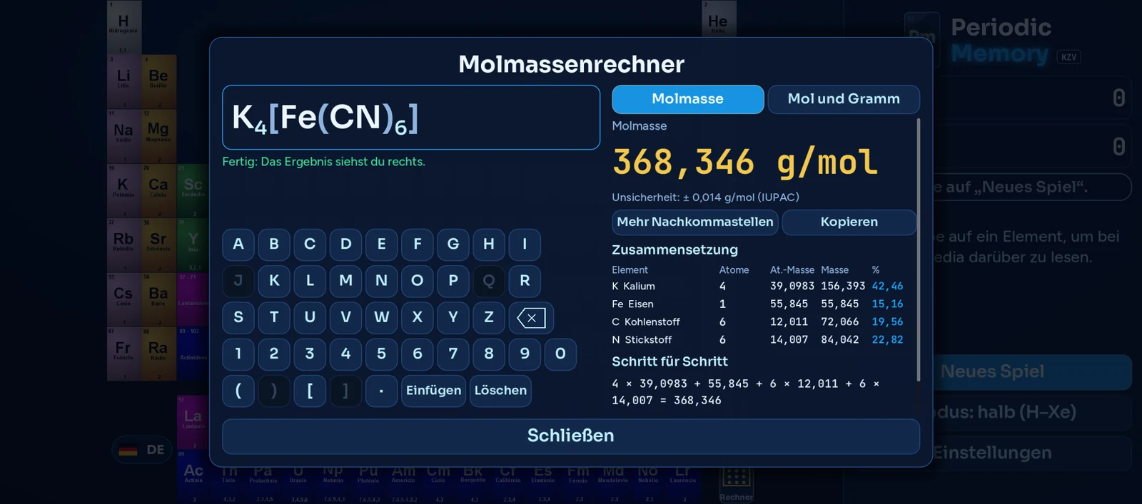 Der Molmassenrechner: Formel eingeben und Masse, Zusammensetzung und Rechenweg sehen