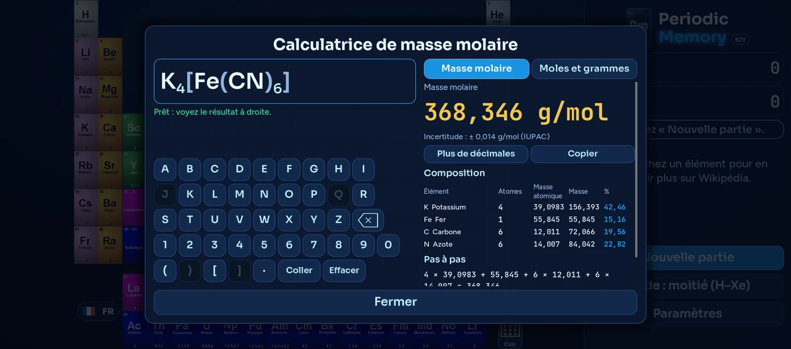 La calculatrice de masse molaire : saisissez la formule et voyez la masse, la composition et le pas à pas
